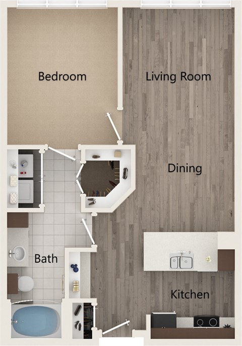 Floor plan for 1 bed, 1 bath, 695 sqft